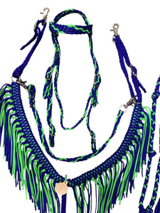Electric Blue and Neon green Tack set with barrel reins …. All sizes.