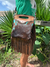 Teal splash cowhide purse with bronze fringe