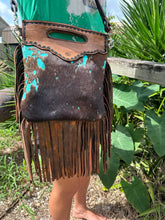 Teal splash cowhide purse with bronze fringe