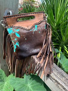 Teal splash cowhide purse with bronze fringe