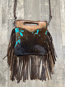 Teal splash cowhide purse with bronze fringe