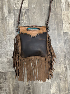 Teal splash cowhide purse with bronze fringe