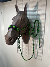 Neon green and Black Braided horse halter with black obsidian  beads and lead