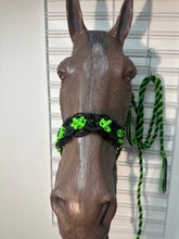 Neon green and Black Braided horse halter with black obsidian  beads and lead