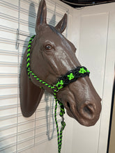 Neon green and Black Braided horse halter with black obsidian  beads and lead