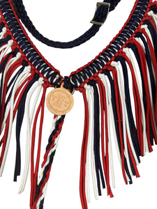 Red white and midnight blue fringe breast collar with wither strap