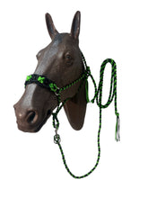 Neon green and Black Braided horse halter with black obsidian  beads and lead