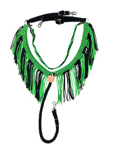 Black and neon green  fringe breast collar with wither strap.