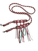 8' Fancy  braided beaded red green and white  loop reins with rhinestones and fringe