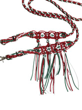 8' Fancy  braided beaded red green and white  loop reins with rhinestones and fringe
