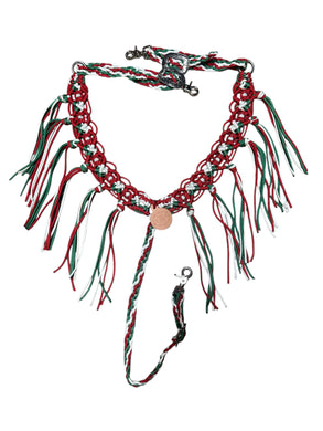 fancy macrame  fringe breast collar red green and white with rhinestones