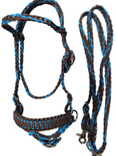 Brown and turquoise complete bitless bridle side pull hackamore with reins ....pony, Cob, Horse. or Draft horse size