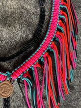 fringe breast collar hot pink,  black,turquoise, and orange  with a wither strap