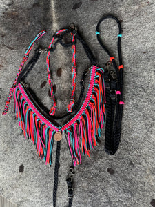 Fringe Breast Collar tack set pink,  orange, black and turquoise