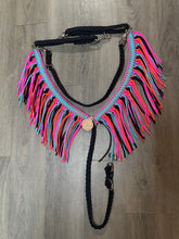 fringe breast collar hot pink,  black,turquoise, and orange  with a wither strap