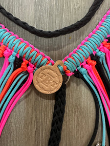 fringe breast collar hot pink,  black,turquoise, and orange  with a wither strap