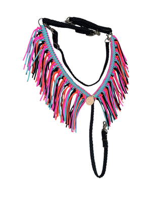 fringe breast collar hot pink,  black,turquoise, and orange  with a wither strap