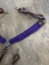 horse breast collar mule tape in purple with leather tugs conchos and Jeremiah Watt hardware