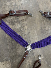 horse breast collar mule tape in purple with leather tugs conchos and Jeremiah Watt hardware