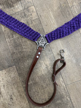 horse breast collar mule tape in purple with leather tugs conchos and Jeremiah Watt hardware