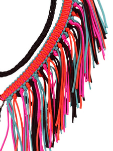 Turquoise, pink, orange and Black fringe breast collar with wither strap