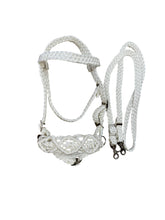 White complete bitless bridle side pull in mule tape with reins ....pony, Cob, Horse. or Draft horse size