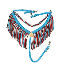 Turquoise horse tack set,  (fringe breast collar, wither strap, reins, and bridle)