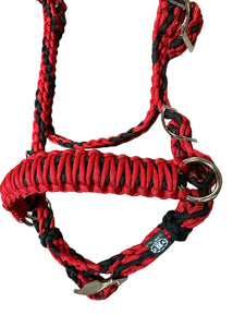 complete bitless bridle side pull red and black with flat reins …pony, Cob, Horse or Draft horse size (you pick your size)