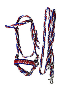 complete bitless bridle side pull with reins red white and blue …pony, Cob, Horse or Draft horse size (you pick your size)