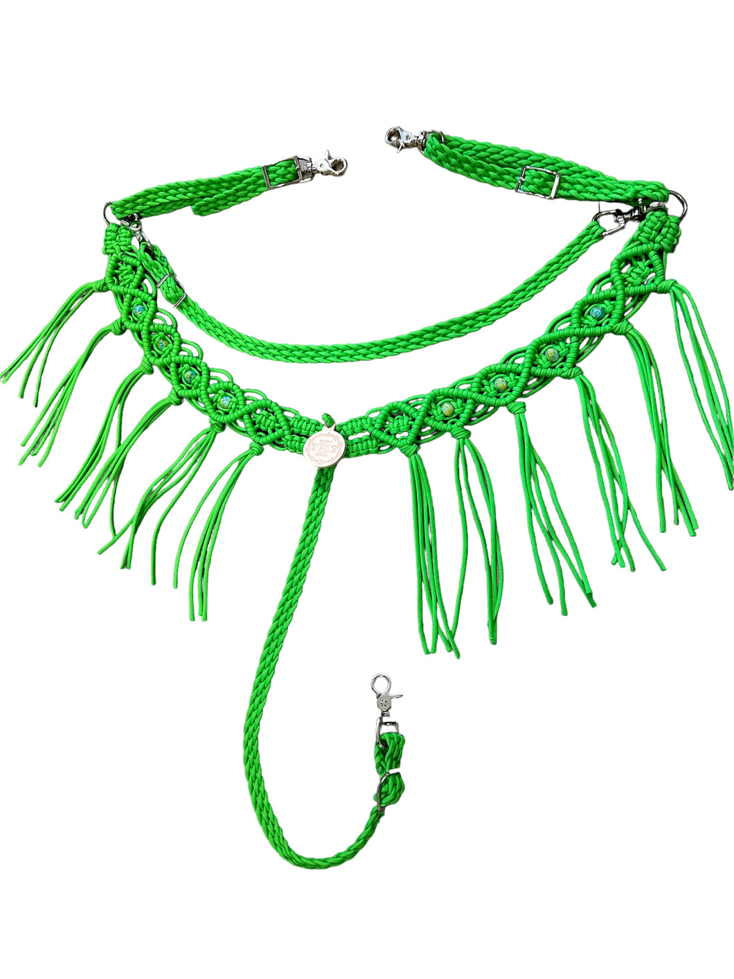 Neon green fancy macrame  fringe breast collar with European glass beads