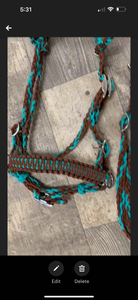 Brown and green turquoise complete bitless bridle side pull hackamore with reins ....pony, Cob, Horse. or Draft horse size