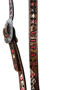 Personalized Four aces Hand painted and tooled  leather Headstall horse size