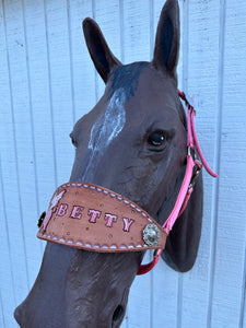 Personalized  bronc noseband pink nylon horse halter