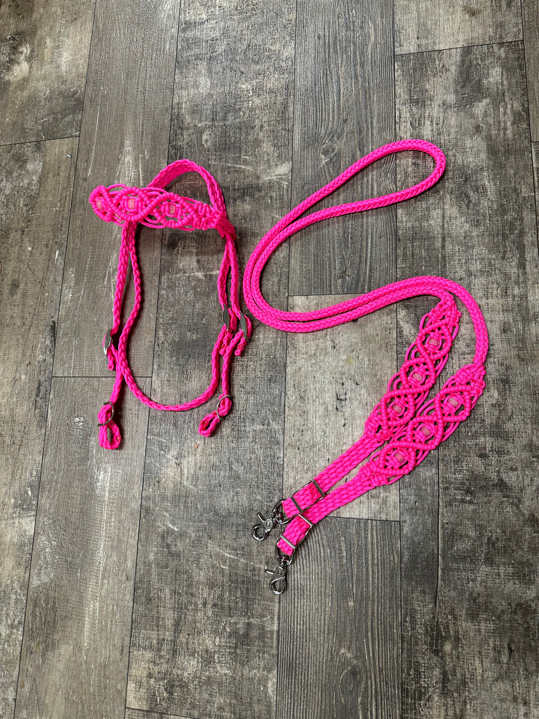 Hot pink Beaded Browband Headstall with a fancy braided browband with matching reins....all sizes.