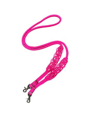 8' Fancy  braided beaded hot pink loop reins with rose quartz.