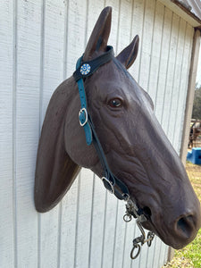 Butter soft black and turquoise leather one ear  Headstall with quick change buckles horse size