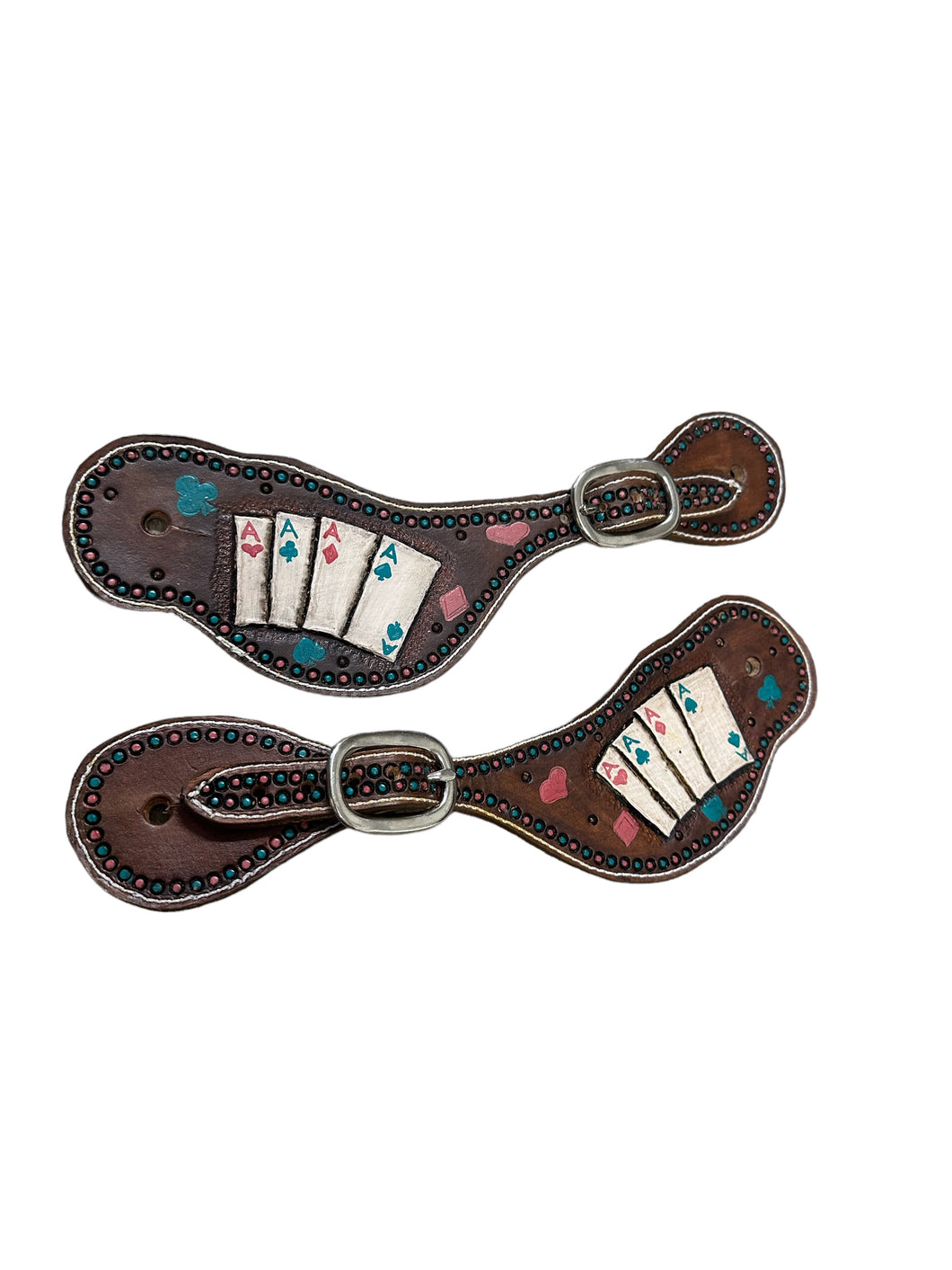 Hand tooled and painted deck of cards spur straps
