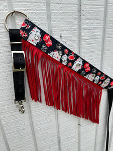 Vegas nylon fringe breast collar with red leather fringe and a wither strap