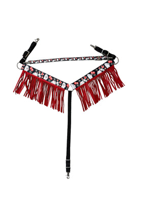 Vegas nylon fringe breast collar with red leather fringe and a wither strap