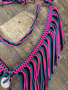 Hot pink, black, and turquoise fringe breast collar with a wither strap