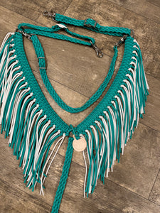 Green turquoise and white  fringe breast collar
