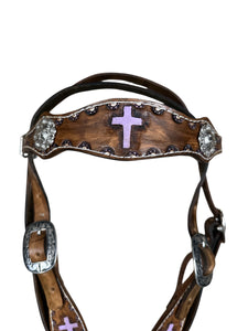 Leather breast collar and browband headstall lilac crosses