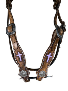 Leather breast collar and browband headstall lilac crosses