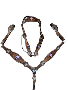 Leather breast collar and browband headstall lilac crosses