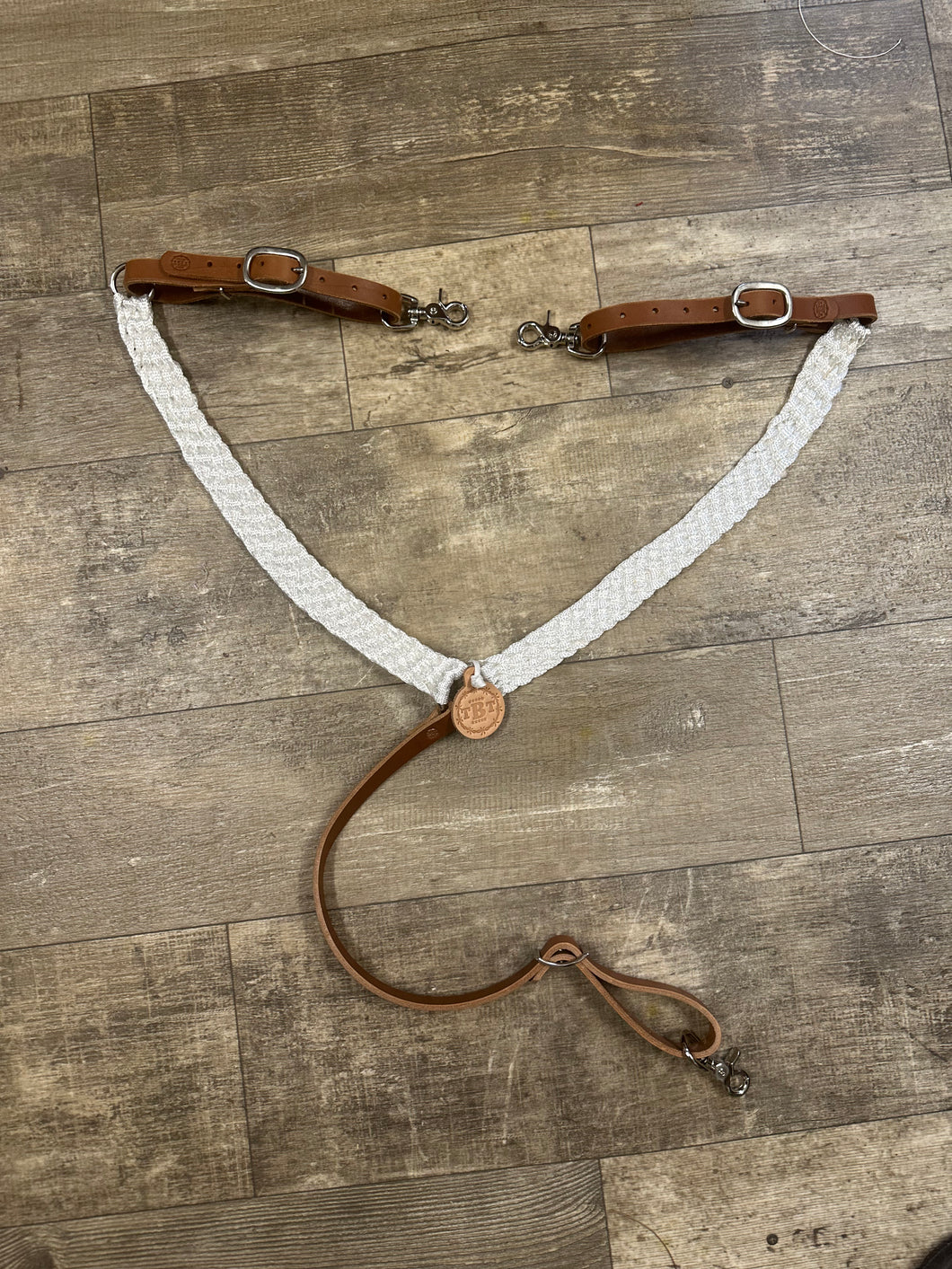 Mule tape horse breast collar with leather tugs