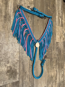 Light pink and neon turquoise  fringe breast collar