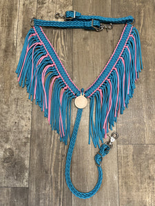 Light pink and neon turquoise  fringe breast collar