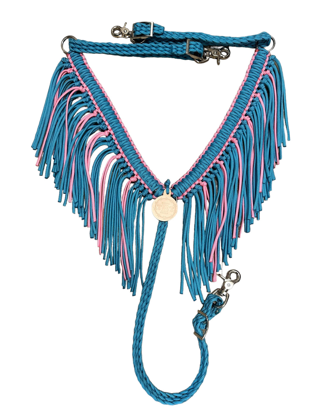 Light pink and neon turquoise  fringe breast collar