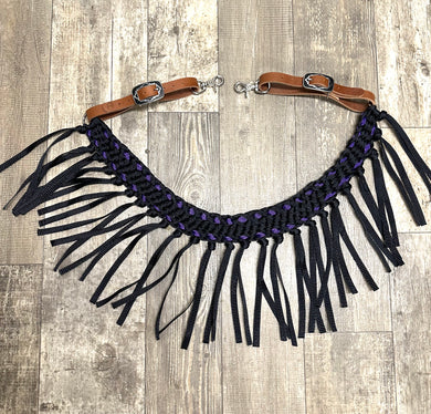 horse tripping  collar mule tape black with purple lacing and leather tugs