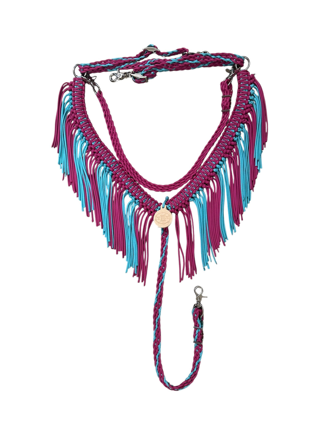 Fuchsia and turquoise fringe breast collar with a wither strap